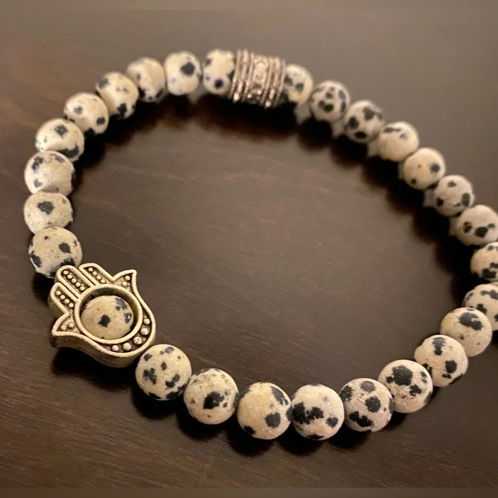 Dalmatian Jasper Hamsa Bracelet Spiritual Protection Stretch Beaded Bracelet